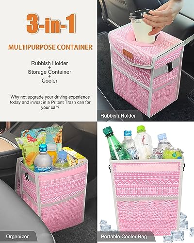 Image of Pritent Car Trash Can with Lid, Cute Leakproof Car Trash Garbage Bag Hanging Vehicle Trash Bin Small Portable Automotive Garbage Cans Organizer for Back /Front Seat /Console(2.8 Gallons,Pink Print)