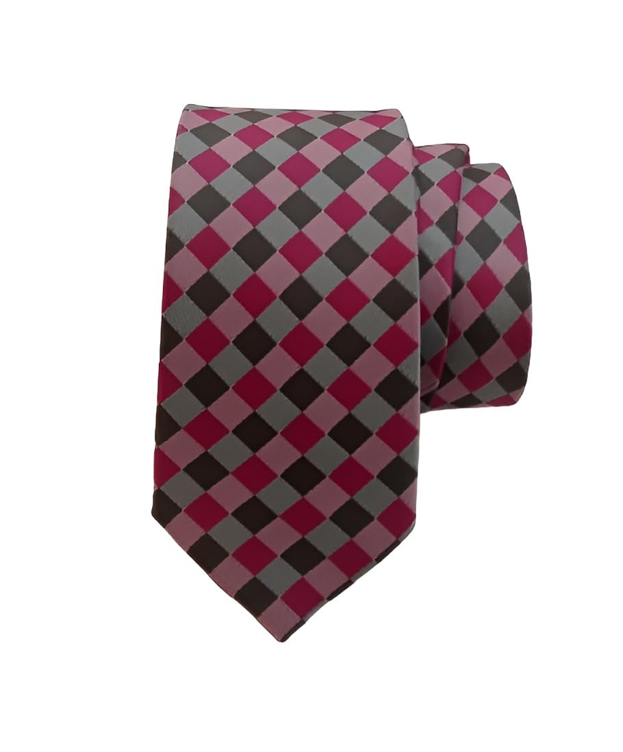 Men's Microfiber Necktie, Pink Brown Grey Diamond Check Pattern, Formal Business Accessory-image-12