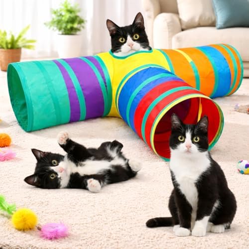 Túnel para Gatos Dobrável com 3 Entradas e Bolinha Interativa – B...