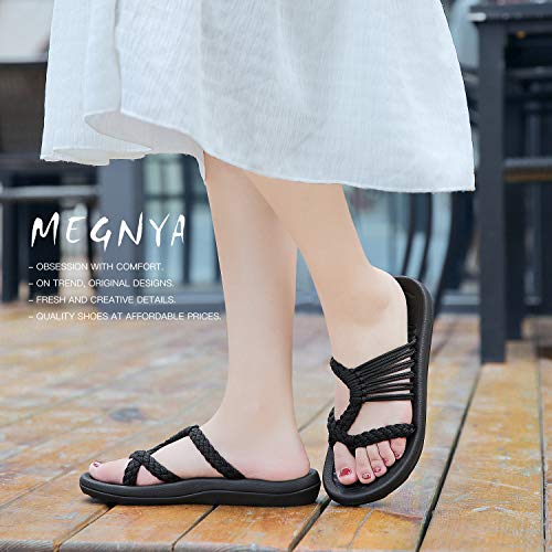 MEGNYA Women's Comfort Flip Flops with Soft Arch Support, Lightweight Hiking Sandals with Braided Straps, Soft Slingback Cushion Slide Sandals for Walking black size 7
