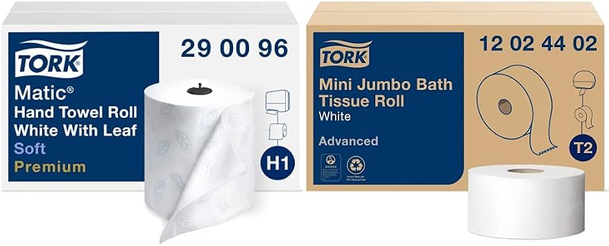 Tork Matic Soft Hand Towel Roll, White, Premium, H1, Quick-Absorbing, Long-Lasting, Thick 2-Ply, 6 Rolls x 575 ft, 290096 & Mini Jumbo Toilet Paper Roll White T2, Advanced, 2-Ply, 12 x 751, 12024402