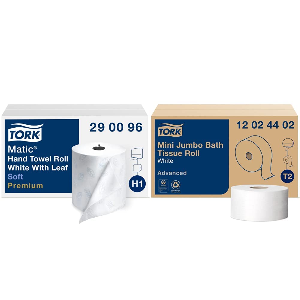 Tork Matic Soft Hand Towel Roll, White, Premium, H1, Quick-Absorbing, Long-Lasting, Thick 2-Ply, 6 Rolls x 575 ft, 290096 &amp; Mini Jumbo Toilet Paper Roll White T2, Advanced, 2-Ply, 12 x 751', 12024402