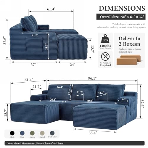 Image of 96 inch Sectional Couches for Living Room Cloud Couch Sofa with L-Shape Upholstered Boneless Couchs Modern Modular Sectional Couch with Chaise