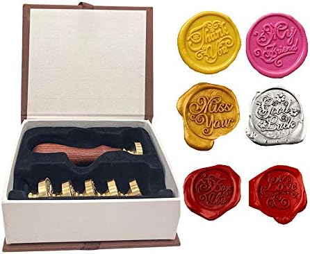 Wax Sealing Stamps Set,1 Wooden Handle + 6 Removable Sealing Copper Head, Vintage Classical Seal Stamp Kit with Gift Box (for You+Thank You+Miss You+My Friend+ Love+Good Luck)