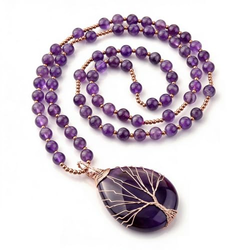 Top Plaza Healing Crystal Amethyst Necklace Natural Stone Beads Tree Life Wire Wrapped Teardrop Gemstone Pendant Jewelry for Women for Mom