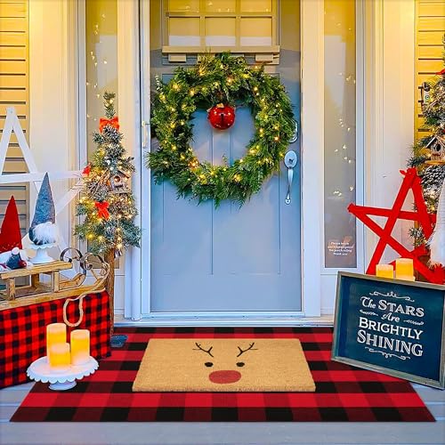 Christmas Door Mat Combo Set, 100% Coco Coir Welcome Mat + 3' x 5' Red and Black Plaid Rug - New Year Holiday Christmas Deer Collection Doormat for Front Porch Entryway Decor