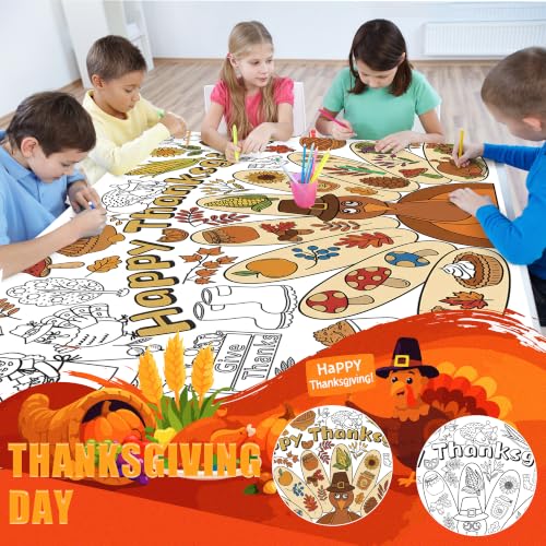Image of Thanksgiving Giant Coloring Poster /Tablecloth -Thanksgiving Crafts for Kids | 30 x 72 Inches Jumbo Thanksgiving Coloring Banner - Kids Crafts Activities Games Decor Thanksgiving Party Favors Decorations