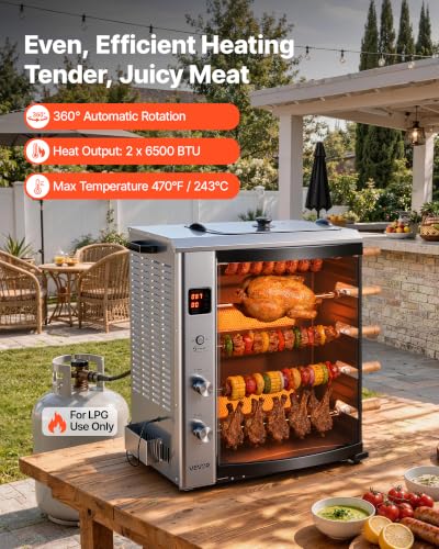 Image of VEVOR Countertop Vertical Oven Brazilian Flame 5 Auto Rotating Skewers | for Steak, Fish, Lamb Leg, Outdoor Gas Heating Rotisserie Shawarma Machine, Meat Kebab Grill, with Curved Glass Door