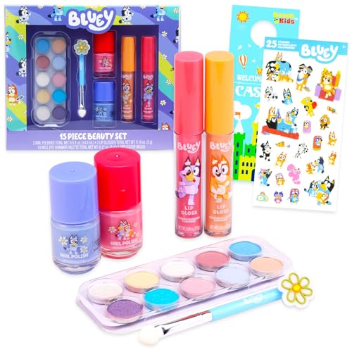 Bluey Beauty Set - Makeup Bundle with Eye Shimmer Palette Nail Polish Lip Gloss Appplicator Brush Plus Stickers More | Bluey Cosmetic Dress Up Accessories