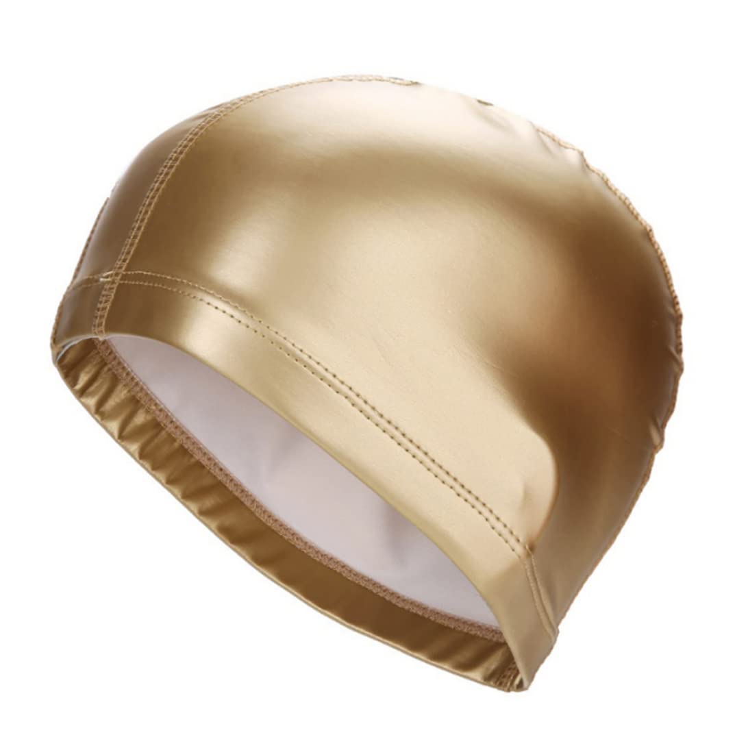 Swim Cap, PU Waterproof Swim Hat, Elastic Ears Protection Stretchy for Women Men, Unisex (Gold)