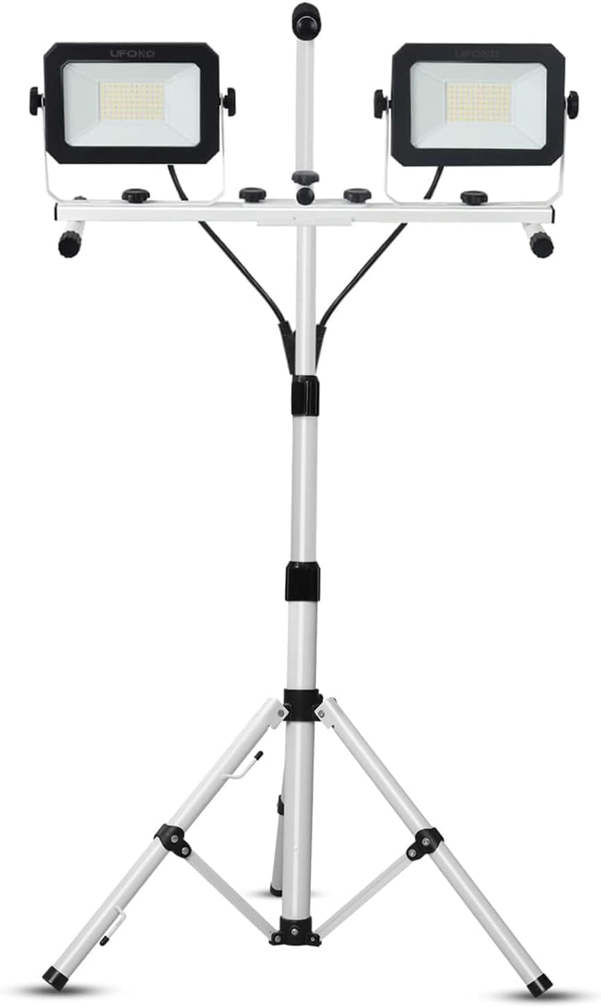 UFOND 10000 Lumen LED Work Light with Stand,Detachable Waterproof Dual Head Work Lights,Individual Switch Floodlight with TelescopingTripod,Work Lamp with Power Cord for Construction Site