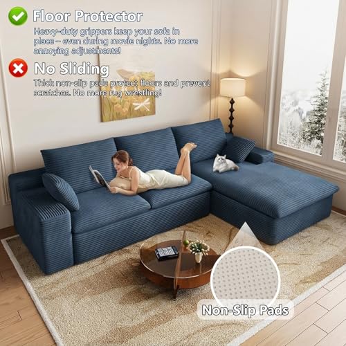 Image of 107 inch Cloud Couch Modular Sectional Sofa for Living Room, L-Shape Boneless Couch with Deep Seat, Modern Corduroy 3-Seater, No Assembly Required (Blue,Right-Facing Chaise)
