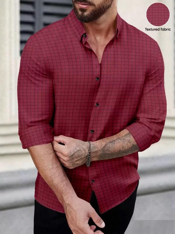Image of DEELMO Men's Regular Fit Button Down Dress Shirts Textured Long Sleeve Casual Hawaiian Shirt