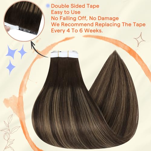Image of Full Shine Tape in Weft Hair Extensions, Dark Brown Highlight Mix 22 Inch