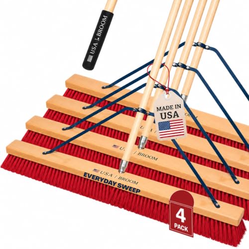 Image of 4-Pack - 36 inch Everyday Sweep Indoor /Outdoor Push Broom with 60 inch Handle. Ideal for Garages & Shops. Durable American Made Steel Brackets-All Stainless Steel Hardware. No Plastic. 100% USA Made