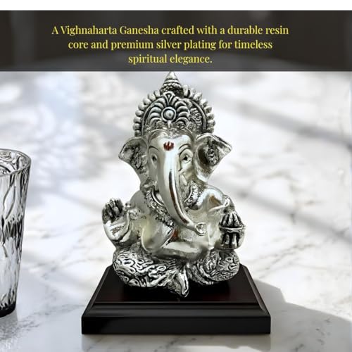 Image of 999 Silver Plated Lord Ganesha Idol Sitting with Intricate Detailing - Vighnaharta Showpiece for Prosperity and Good Fortune - Premium Anti-Tarnish Murti for Temple and Desk