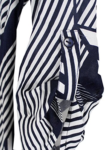 Women’s Elegant Soft Striped Button V Neck Shift Dress 3/4 Sleeves3