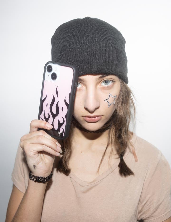 Image of Wildflower Cases - Compatible with iPhone 16 | Protective Black Bumper, 6.5ft Drop Test Certified, Women Owned Small Business | Trendy Aesthetic Fire y2k 2016 | Flames - Pink & Black