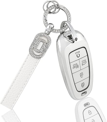 Funda para llavero para Hyundai Accesorios Sonata Santa Ioniq Nexo Protector completo de llave con llavero brillante femenino 5 botones TPU blanco