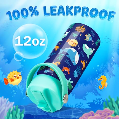 Image of SANDJEST Kids Water Bottle with Straw Lid - 12 Oz Insulated Stainless Steel Ocean Water Bottles for Kid Boys Girls - Travel Cup for School Sports