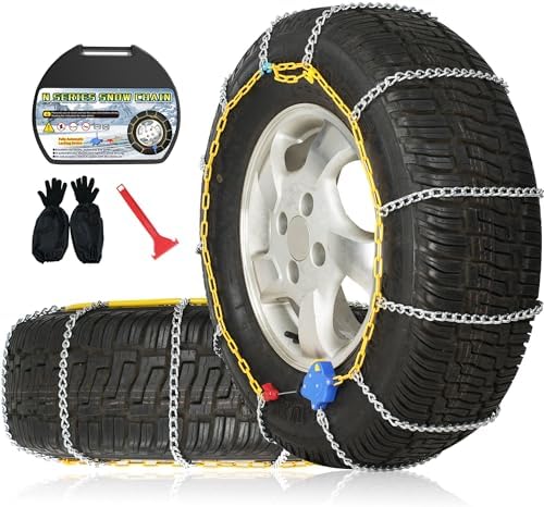 Auto Fixing Snow Chains, 2 x 12 mm, 30s Quick Installation of Tire Chains with Automatic Tensioner, Universal Emergency Tire Traction Chain for Cars, Pickups, and SUVs (HLN 140)