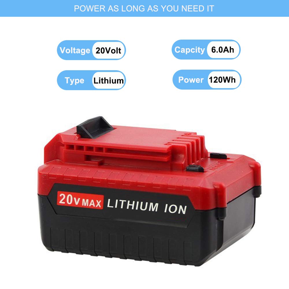 2Pack 20V 6.0Ah MAX Battery for Porter Cable 20V Lithium Battery Replacement PCC685L PCC685LP PCC682L PCC681L PCC680L PCC680LP PCC640 PCC600