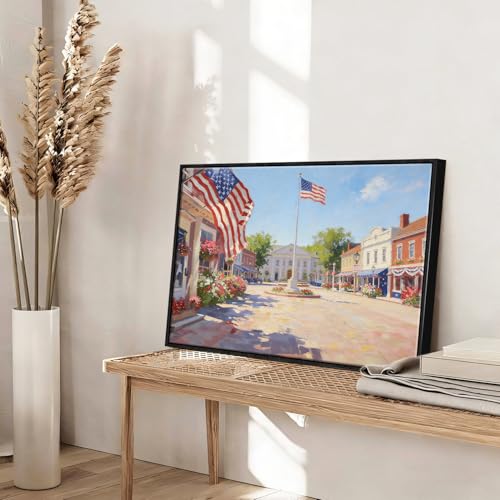Image of American Flag Framed Canvas Wall Art, 4th of July Red White Blue Canvas Prints, USA Flag with Small Town Street Patriotic Decorations, Independence Day Wall Decor for Bedroom Living Room 11x14