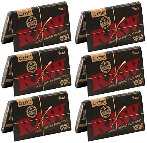 6 Pk Raw Classic Black Single Wide Double Feed Ultra Thin Rolling Papers - 3219
