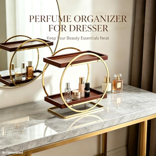 YIWANFW 2-Tier Bathroom Organizer Countertop, Wooden Gold Perfume Organizer - image 3