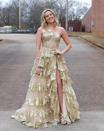 Cudiew One Shoulder Lace Tulle Tiered Prom Dress Sparkly Sequined Applique Long Maxi Formal Evening Party Gowns 20253