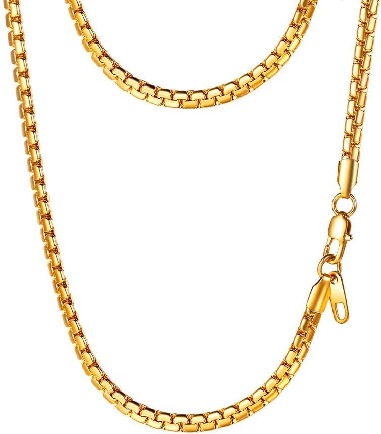 Stylish Stainless Steel Flat Box Link Chain Necklace for Men, Silver/Gold/Black Tone, Hypoallergenic Jewelry, 14"-30", Come with Box