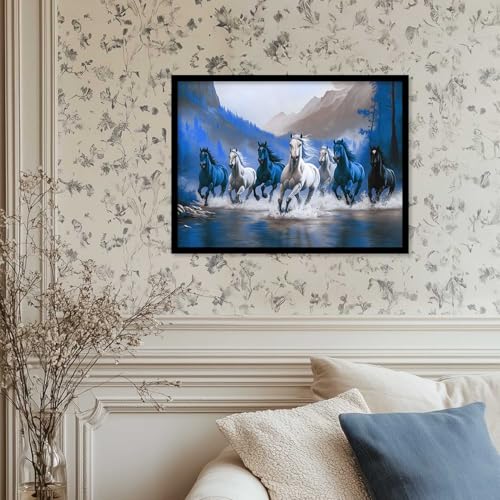 Image of HOTHOUSE Seven Running Vastu Lucky Horse and Rising Sun Painting | 7 Horses Vastu Frame Wall Art Painting for Living Room Bedroom Office Home Decor Wall Decor Size (19X25 inch)