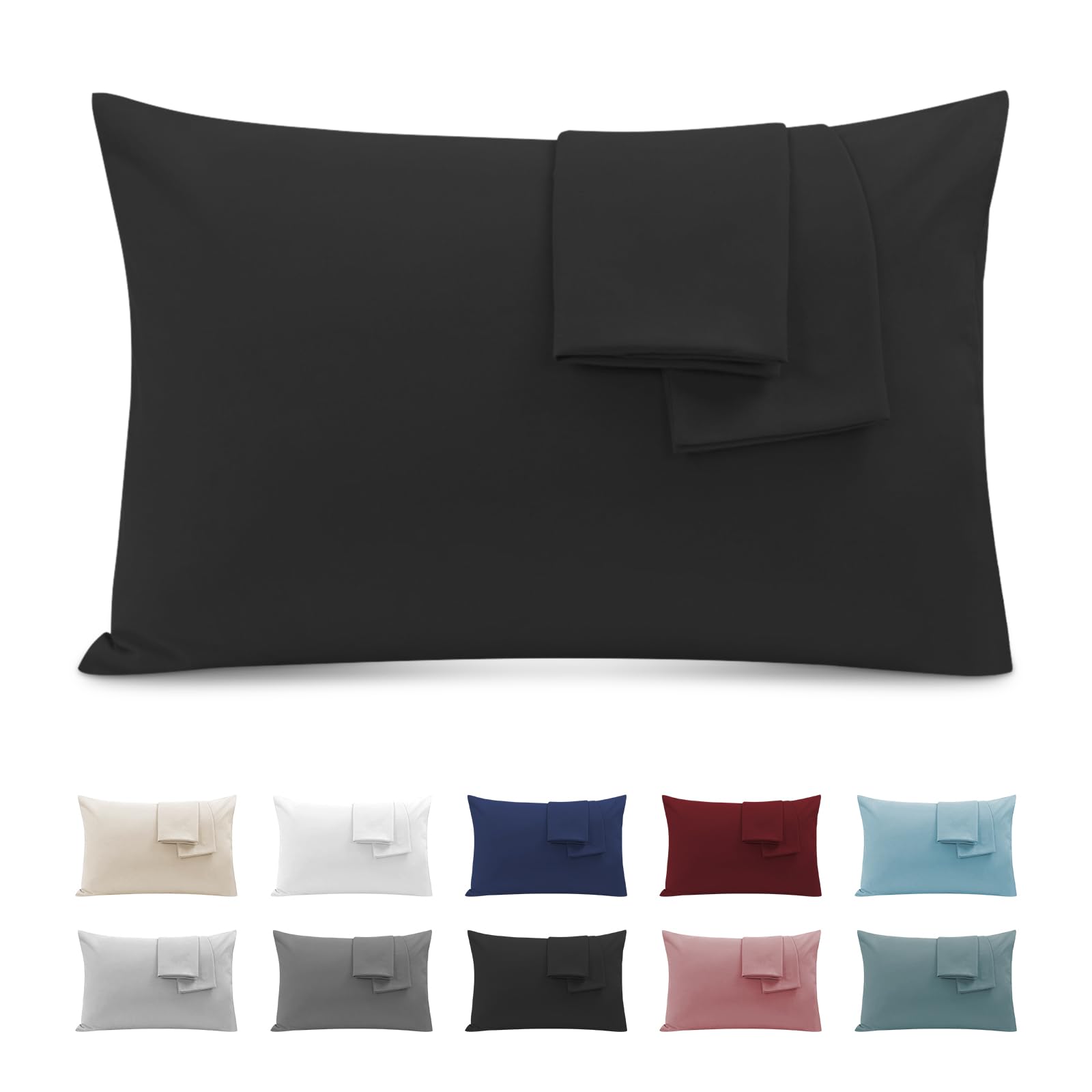 Funda de Almohada 50x90 (Juego de 2) - Funda Almohada con Cremallera Microfibra Súper Cómodo, Suave y Transpirable - Negro