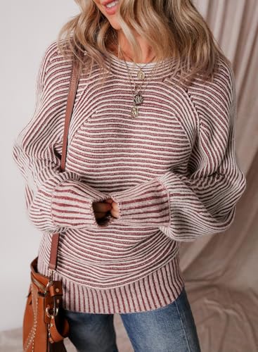 Image of EVALESS Striped Sweaters for Women Boat Neck Batwing Sleeve Oversized Pullover Sweater Tops Womens Fall Clothes Outfits