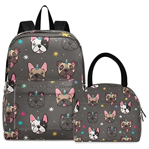 ISAOA Cute Pug Dog French Bulldog Unicorn Shoolbag Set for Boys Girls,Children Backpack with Lunchbox Bag Set,Teenager School Backpack for Kids Cover