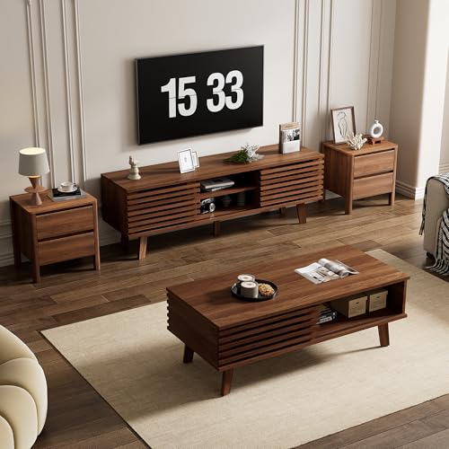 Image of Furniway Mid Century Living Room Table Set of 4, Coffee Table, TV Stand and 2 End Tables with Sliding Door Storage, Walnut