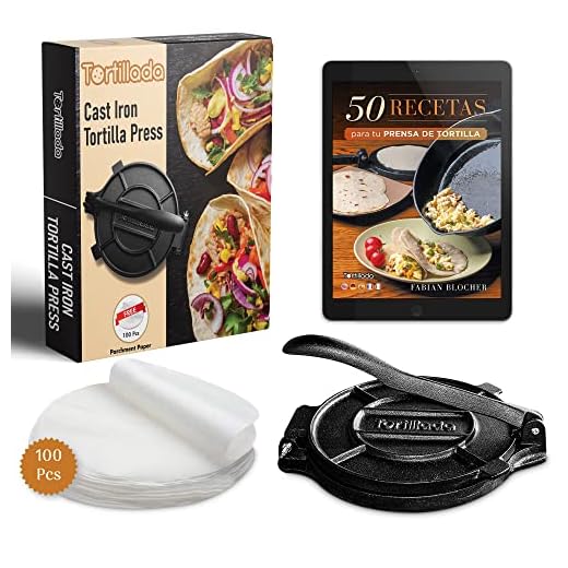 Tortillada - Prensa de Hierro Fundido para Tortillas + E-Book con 50 Recetas + 100 x Papel de Pergamino (25cm)