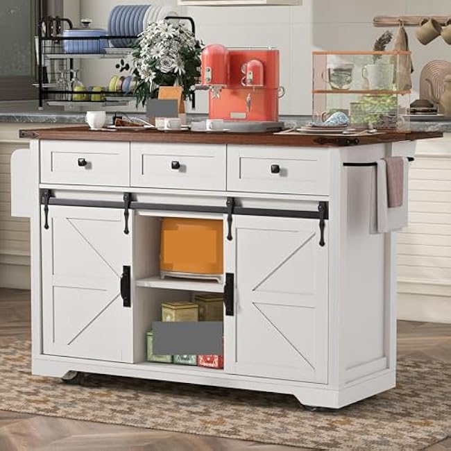 53.7 Farmhouse Kitchen Island with Power Outlet, 2 Sliding Barn Door Kitchen Storage Island with Drop Leaf, Spice Rack Rolling Kitchen Cart on Wheels,for Kitchen(White)-pABDBcis
