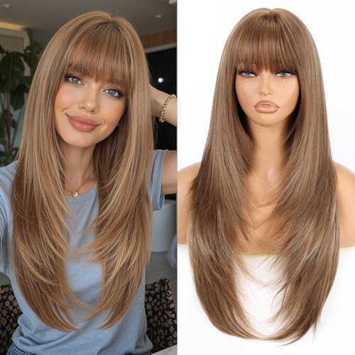 Allbell Highlight Light Brown Wigs for Women 4x4 Realistic Scalp Free Parting Long Straight layered Wig With Bangs 26 inch Natural Looking Wig Synthetic Heat Resistant Fiber for Daily Party Use