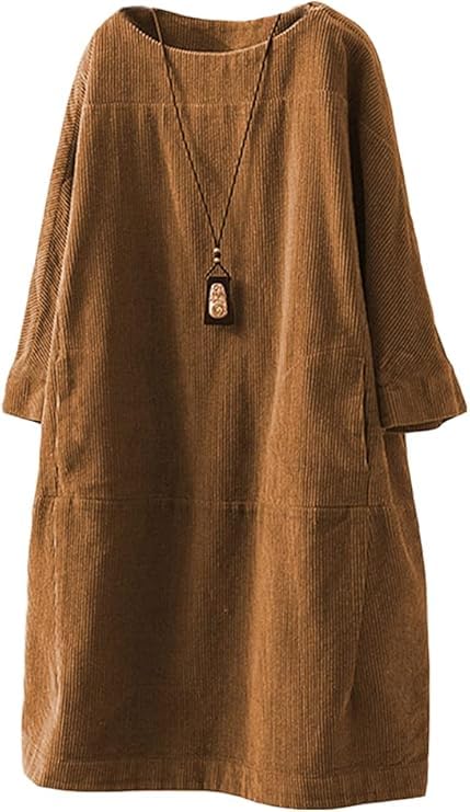 Minibee Damen Oversize Tunika Kleid Cord Langarm Tops mit Taschen - Gelb - Groß
