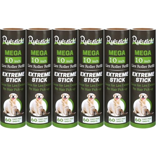 10 inch Mega All-Purpose Pet Hair Lint Roller Refills Compatible with Evercare Mega Roller 10 Wide Ultra Sticky 60 Sheets Each Refill (Pack of 6 360 Sheets Total)