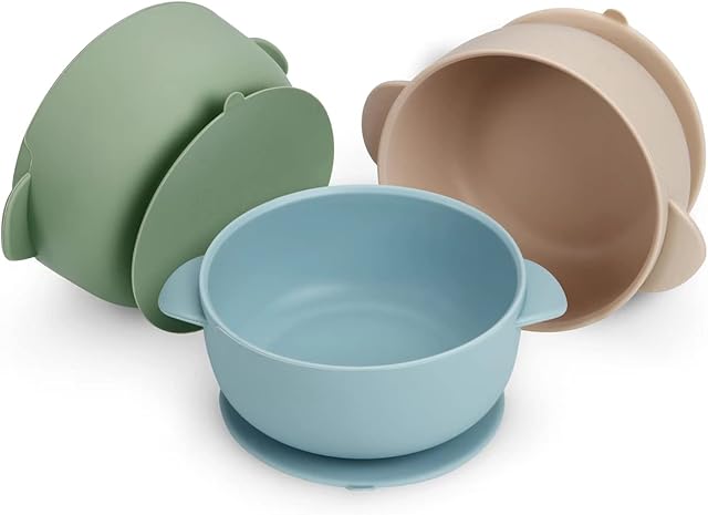 PandaEar Silicone Baby Bowls with Suction| 3 Pack Baby Suction Bowls for Baby Toddlers Infants Kids| Baby Food Feeding Bow Setl Food Grade Soft Safe BPA-Free (Brown/Blue/Green)