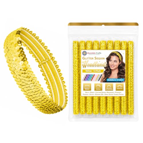 Mandala Crafts Yellow Glitter Sequin Headbands for Women – 12-Pack Elastic Sparkle Bands for Disco, Dance, Carnival Party, or Costume Accessories