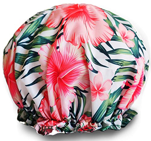 Large Reusable Shower Caps Women Waterproof Double Layer Bath Cap Hair Cover Shower Bonnet Hats Bath Accessories for Spa Makeup Salon Home Use (XL Chinese rose)