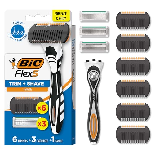 BIC Flex 5 Trim and Shave Mens Grooming Kit 3-in-1 Beard Trimmer 5-Blade Razor and Precision Edger No Battery Required Dorm Room Essential 3 Cartridges and 6 Trimmers