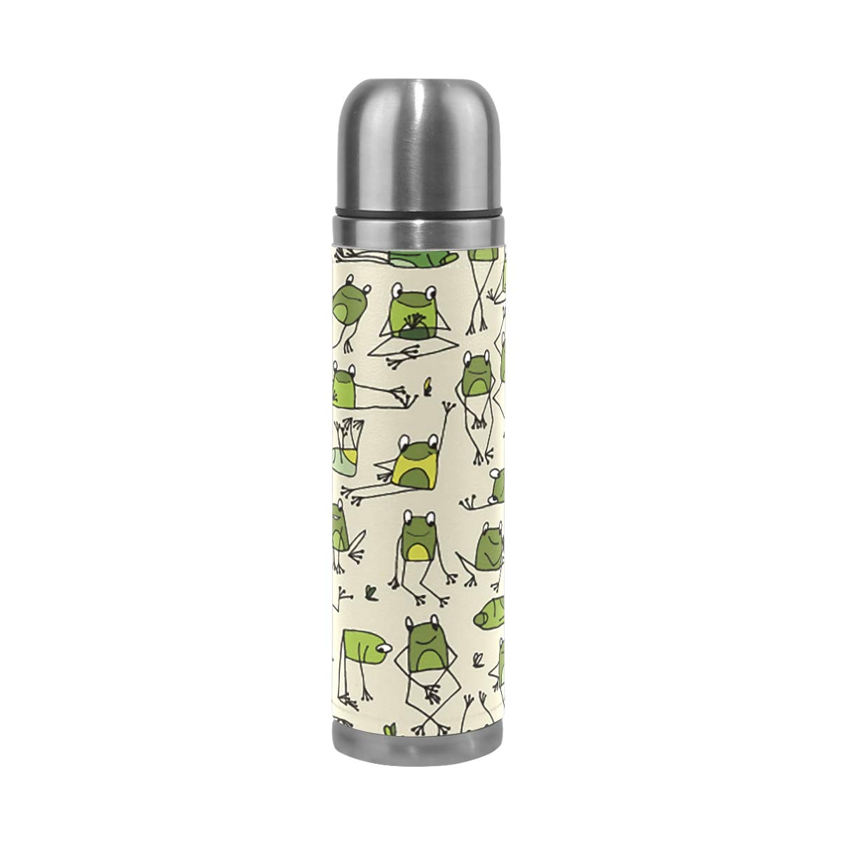 Taza de viaje aislada al vacío de acero inoxidable con doble pared a prueba de fugas, divertido diseño de rana con estampado personalizado impreso en piel auténtica, termo de 500 ml