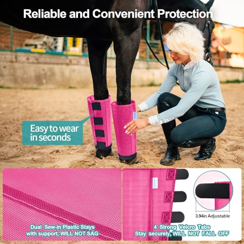 Image of Mesh Horse Fly Boots Set of 4, Loose Fitting Leggings for Horses, Reduce Stressful Stomping, Breathable Adjustable and Universal Fit for 4 Legs, Reliable Stay Put (Magenta)