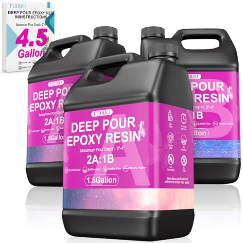 Puduo 4.5 Gallon Deep Pour Epoxy Resin 2-4 inch Ultra-Clear Flowable Casting Resin Crystal-Clear Bubble-Free High-Temperature Resistant Epoxy Resin Ideal for Countertops River Tables Crafts