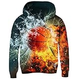 Idgreatim Teens Boys Basketball Sweatshirt Size 14 16 3D Basketball Hooded Pullover Cool Fire Water Hoodies for School Outdoor