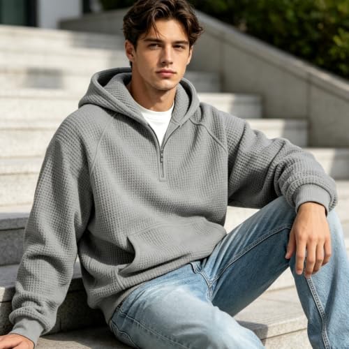 Mens Quarter Zip,Waffle Knit Long Sleeve Men Comfort Quarter Zip V Neck Sweatshirt 2026 Trendy Casual Loose Fit Golf Henley Hoodies,Grey,L - image 8